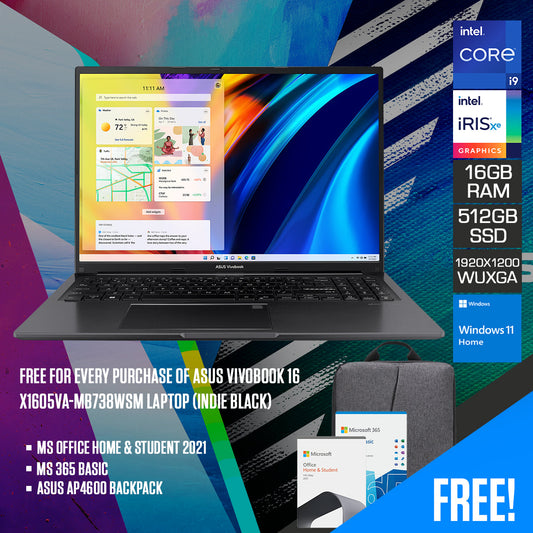 ASUS X1605VA-MB738WSM VIVOBOOK Intel i9-13900H Processor 16" WUXGA DDR4 16GB RAM 512GB Windows 11 Home Indie Black