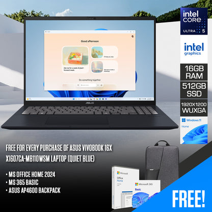 ASUS X1607CA-MB110WSM Vivobook 16 Intel Core Ultra 5 Processor 225H 16" WUXGA 16GB RAM 512GB Windows 11 Home Quiet Blue